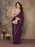 PR Fashion Wine Star Georgette Solid Georgette With Mirror Border Saree