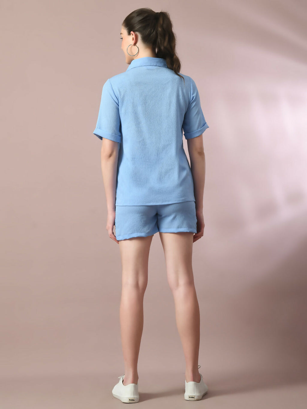 Myshka Women's Blue Solid Shirt Collar Party Shirt With Shorts Co-ord set