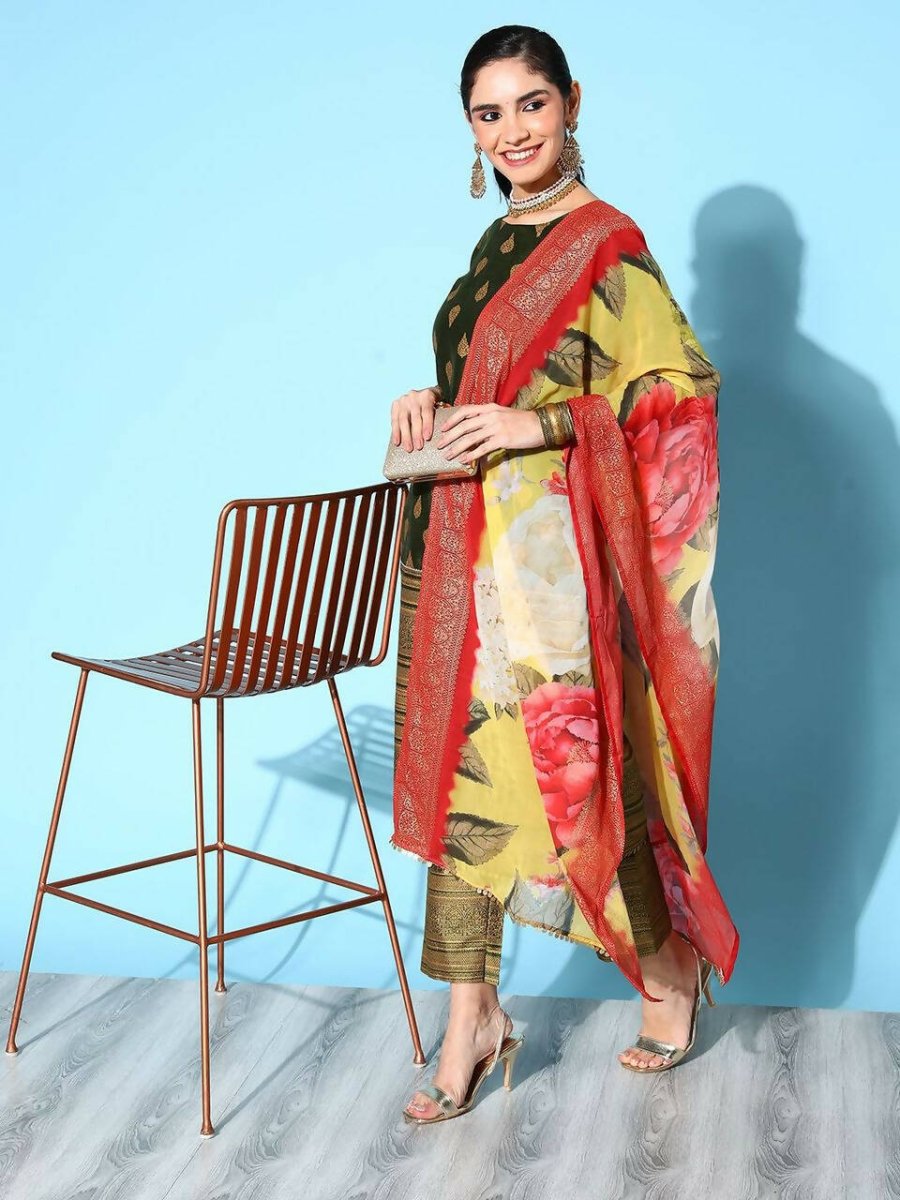 Ahalyaa Women's Olive Colour Poly Silk Gold Printed Kurta Pant Set With Dupatta