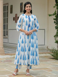 Aramya Flared Soft Cotton Foliage Print Women's Kurta Set - Blue