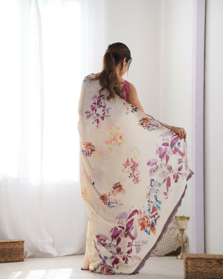Peach Chinon Designer Digital Printed & Mirror Cut Work Saree - Kriti