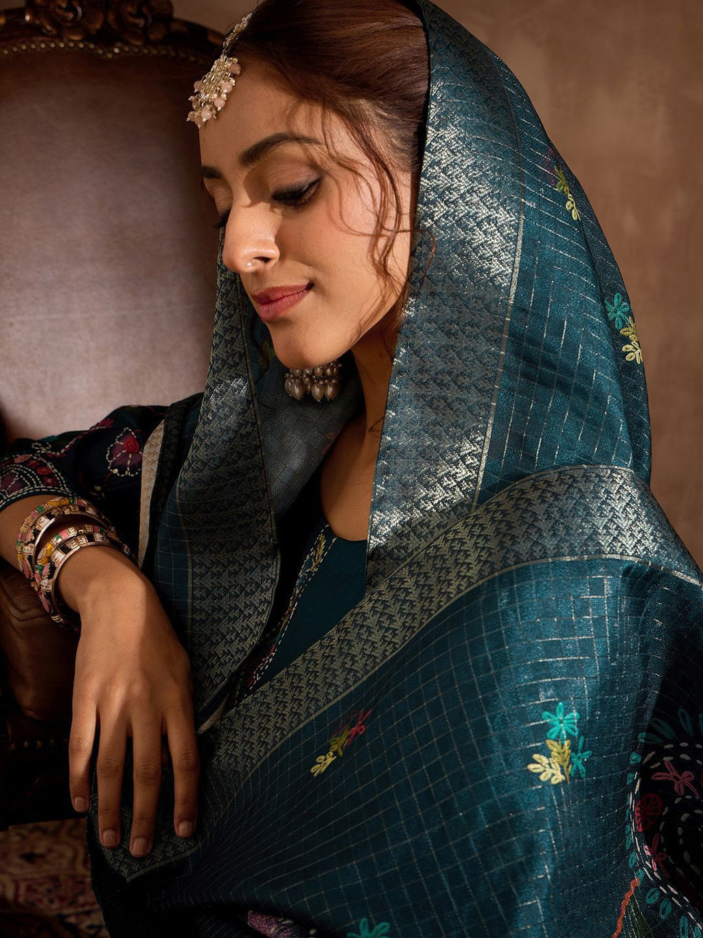 Indo Era Floral Embroidered Thread Work Straight Kurta With Trousers & Dupatta