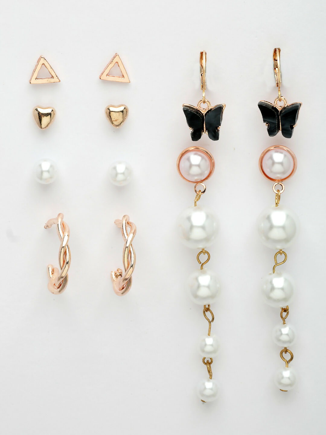 NVR Women's Set of 6 White Pearl Gold-Polished Contemporary Drop Earrings