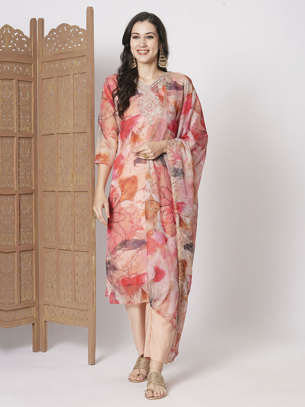 Pink Taby Silk Embroidery Work, Printed Kurta Set - Riya