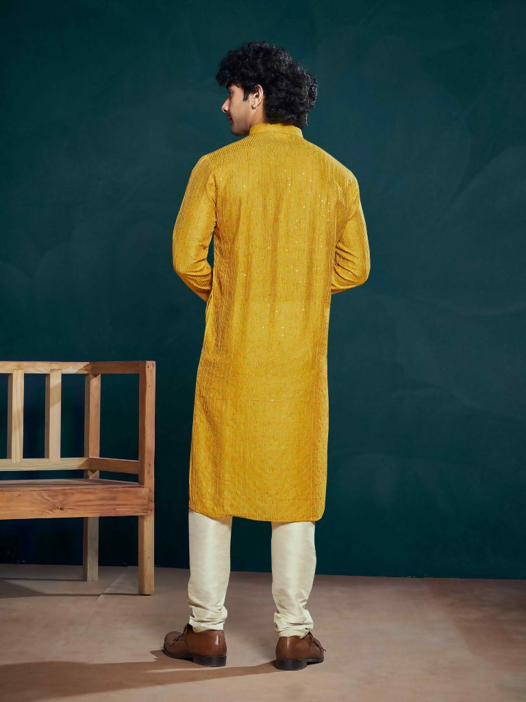 Yellow Viscose Designer Sequance Embroidery Work Men's Kurta Set - Mahotsav