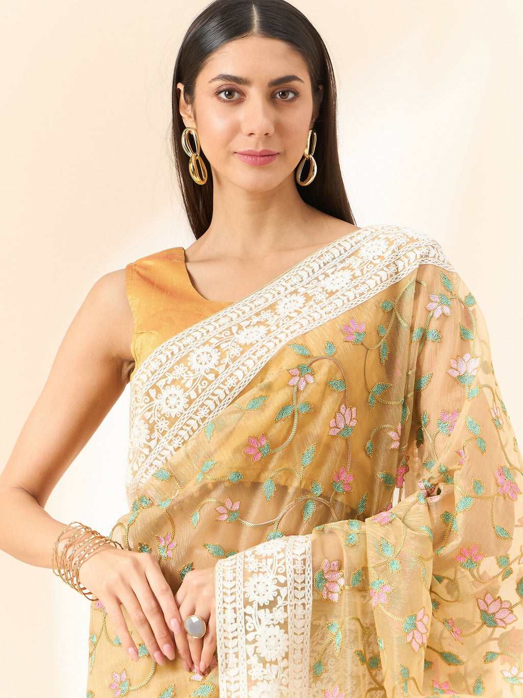 Beige Organza Floral Embroidered Saree with Unstitched Blouse Piece - Roozal