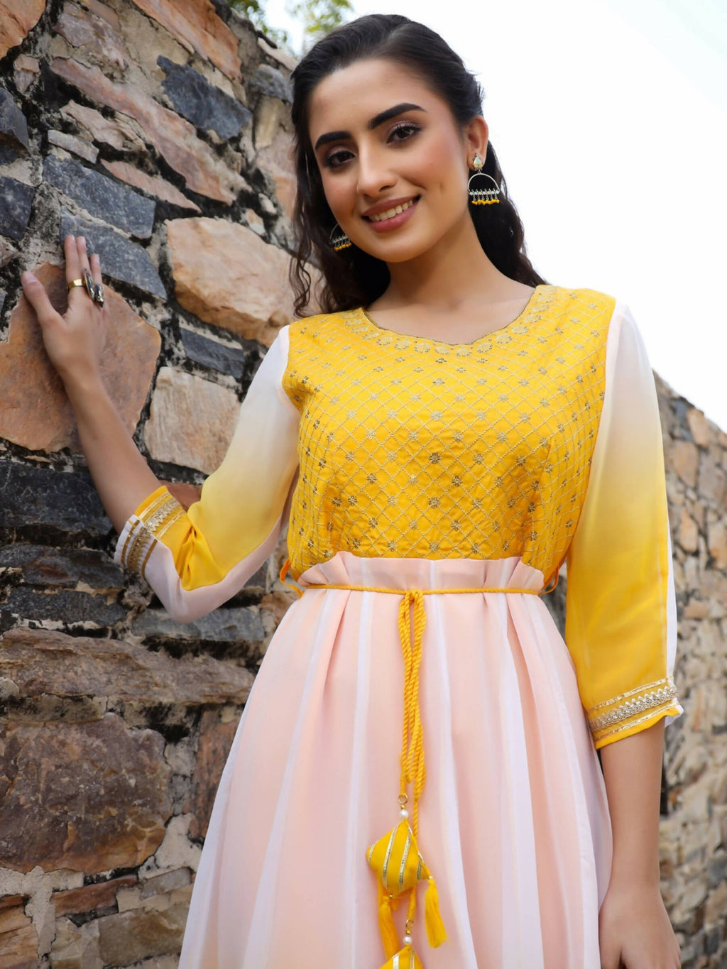 Juniper Women Yellow Georgette Embroidered Maxi Dress