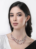 NVR Women Silver Plated & Maroon Cz Stone Handcrafted Jewellery Set