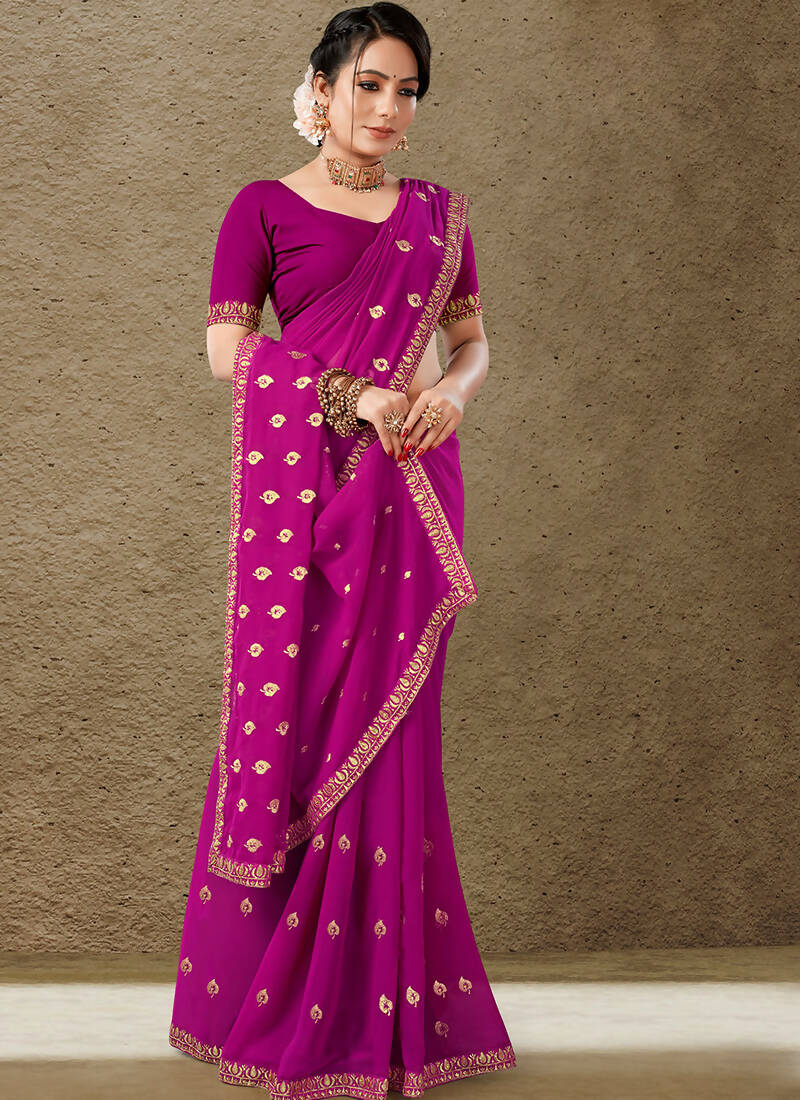 Purple Georgette Embroidered Saree with Unstitched Blouse Piece - Avika