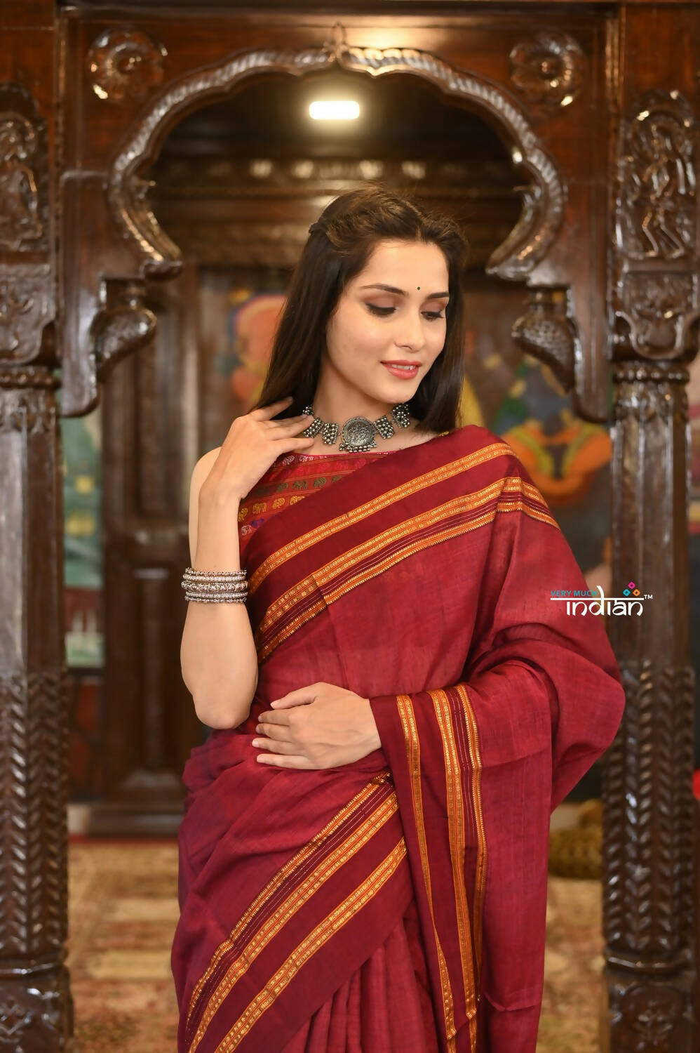 Very Much Indian Handloom Cotton Viscose Ilkal Saree Bright Maroon With Red Border