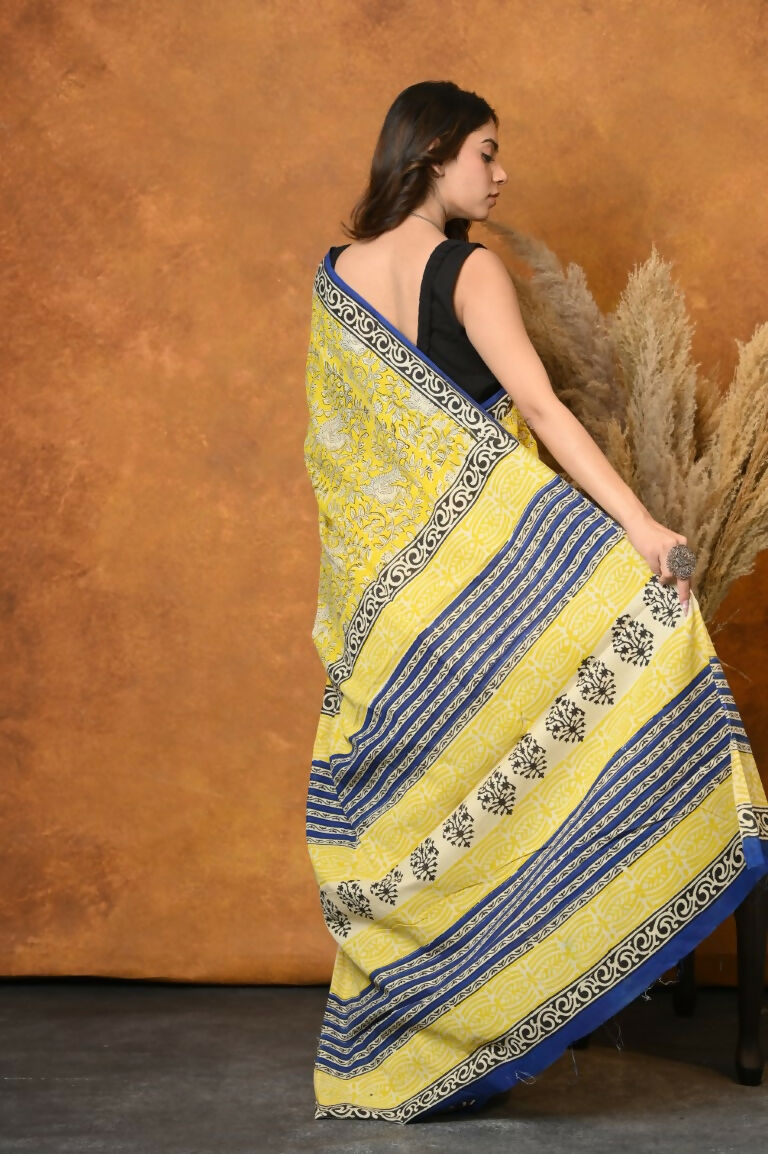 Very Much Indian Handblock Printed Cotton Saree With Natural Dyes - Green