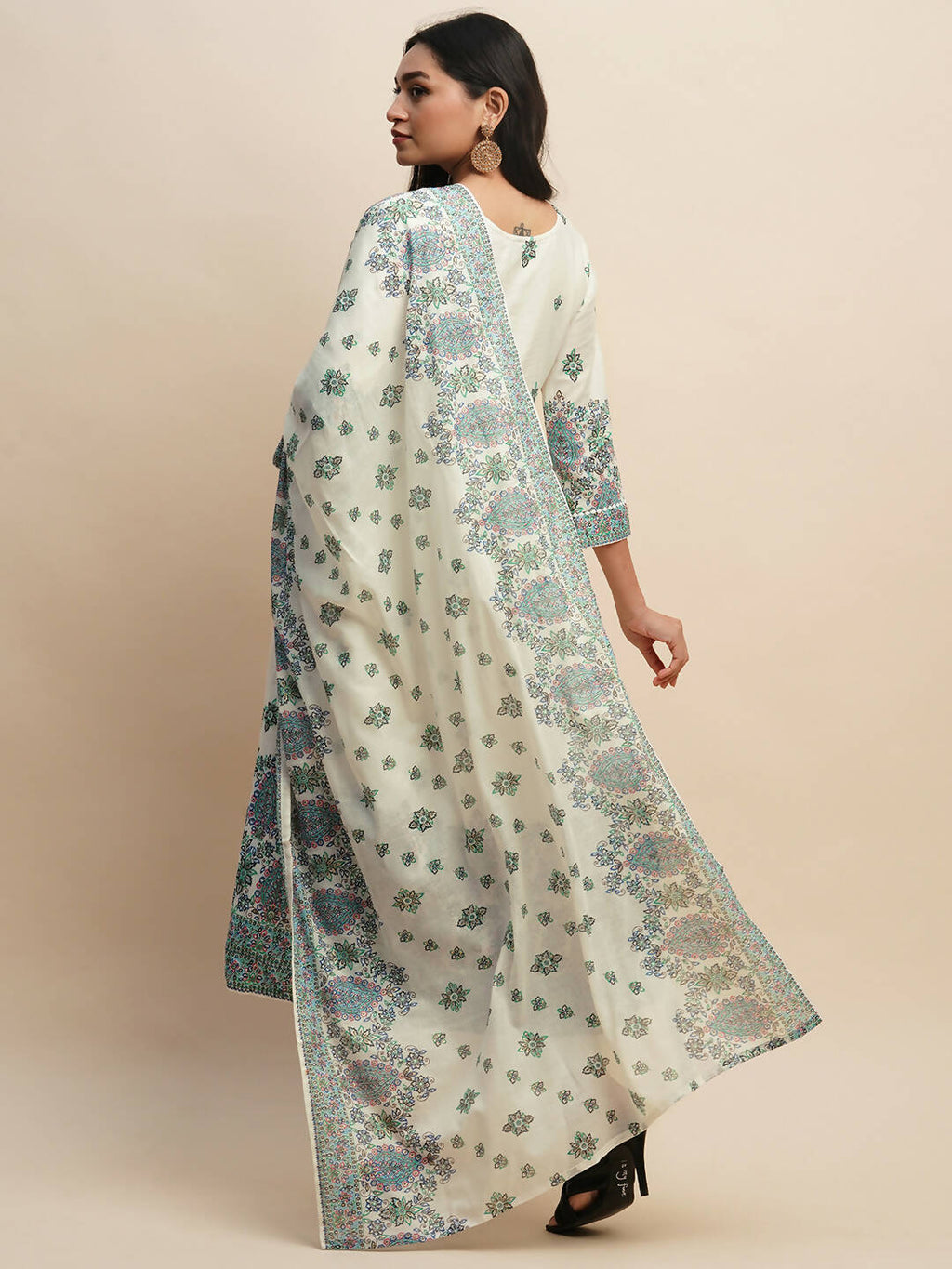 White And Blue Pure Cotton Floral Printed Anarkali Kurta And Bottom With Dupatta - Akashara