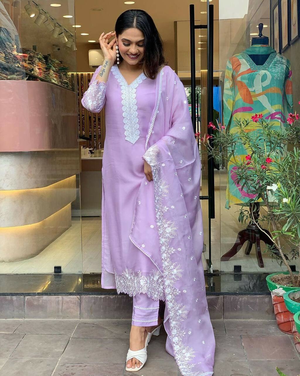 The52 Lavender Women's Gorgeous Embroidered Georgette Fabric Straight Kurta Pant with Dupatta Set