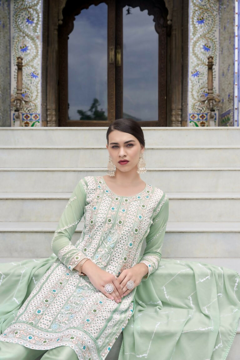 Jyoti Fashion Women's Sea Green Faux Georgette Heavy Embroidery and Moti Work Kurta Set