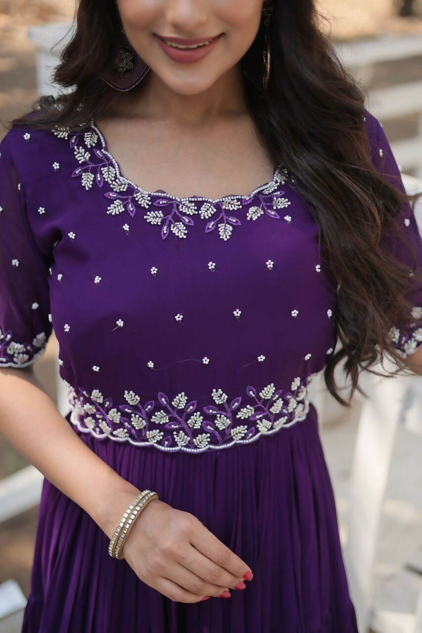 Vastranavya Faux Blooming with Beads embroidery-work Gown - Purple