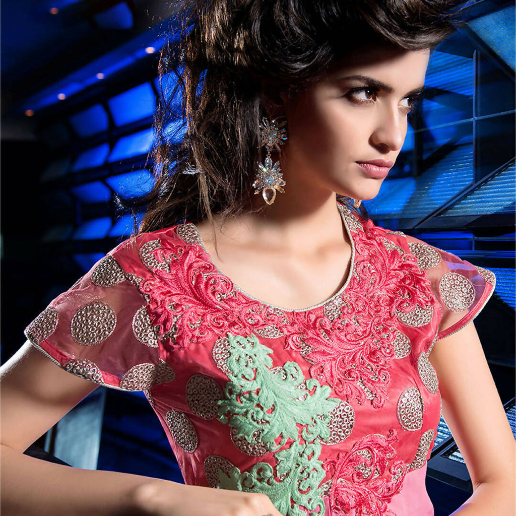 Pink Georgette Floral Embroidered A-line Kurti - Missy
