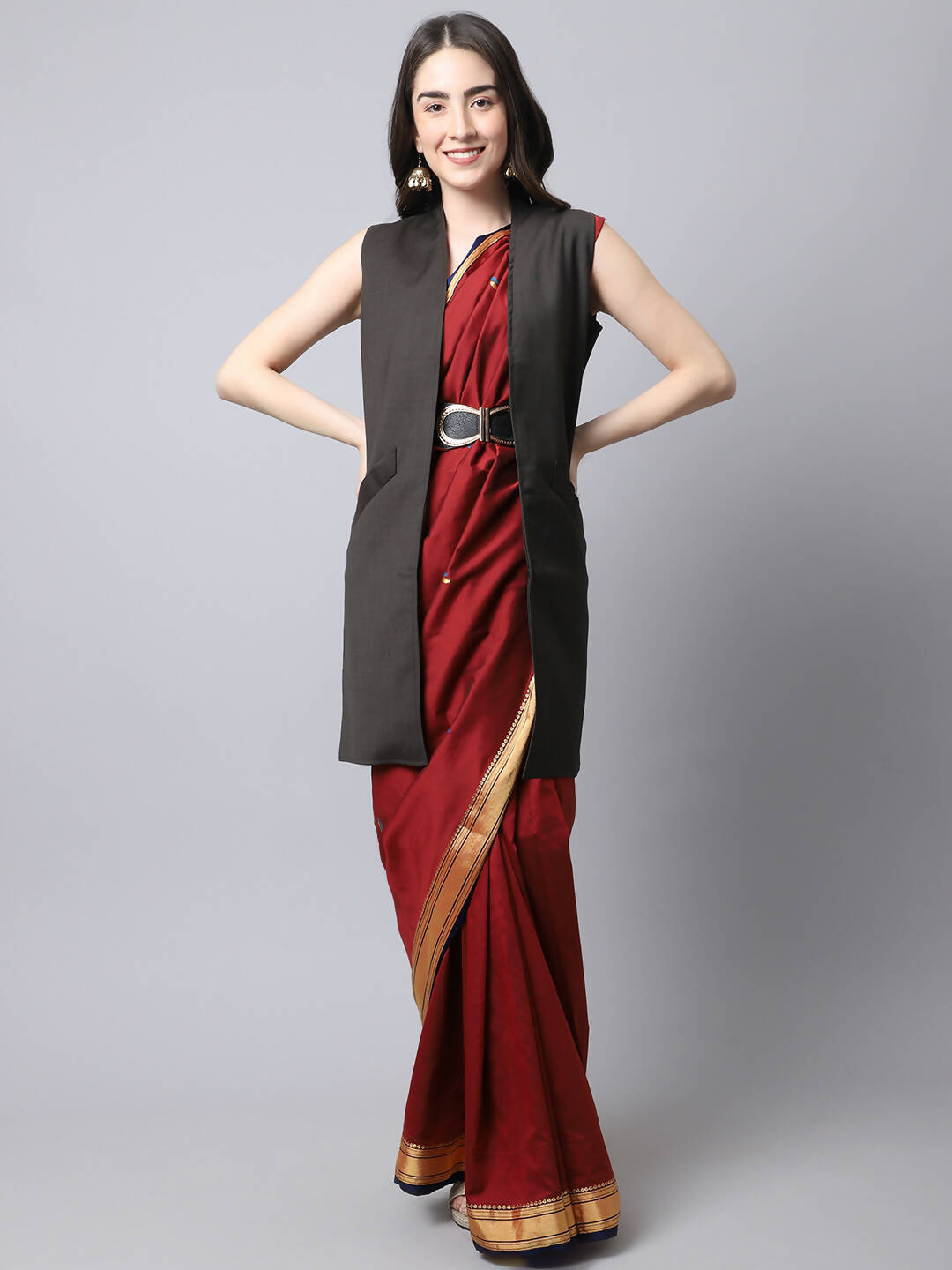 Even Apparels Brown Polywool Open Front Women's Long Coat