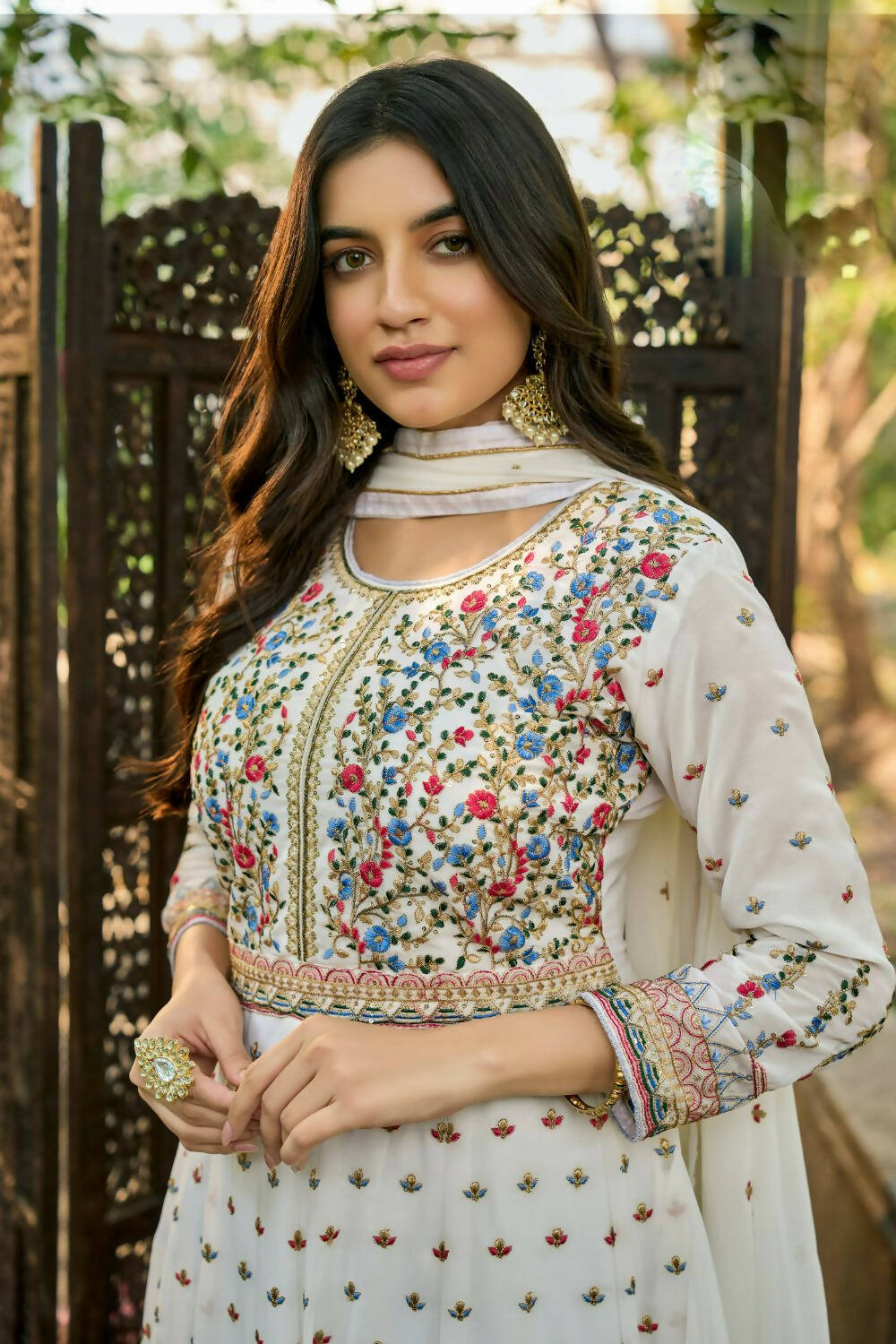 White Heavy Faux Georgette Anarkali Embroidered Kurta Set - Dhvani