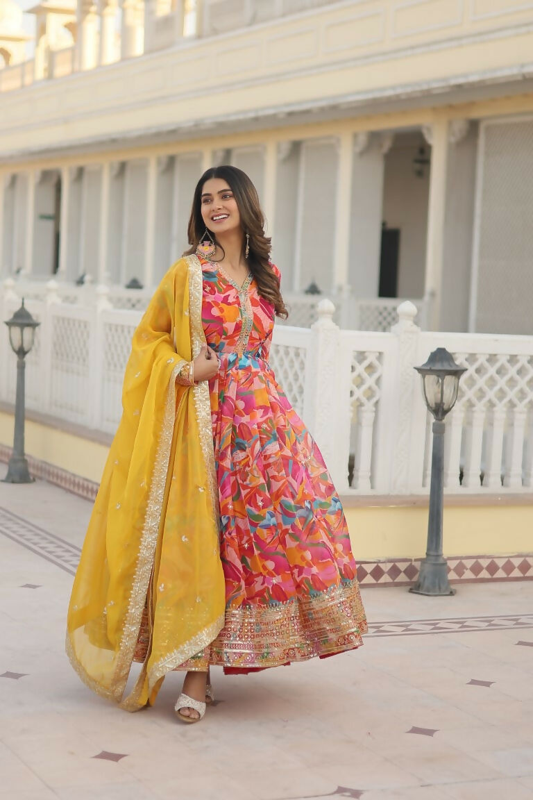 Jyoti Fashion Women's Pink Russian Silk Sequins Zari Embroideredy Anarkali Dress with Dupatta