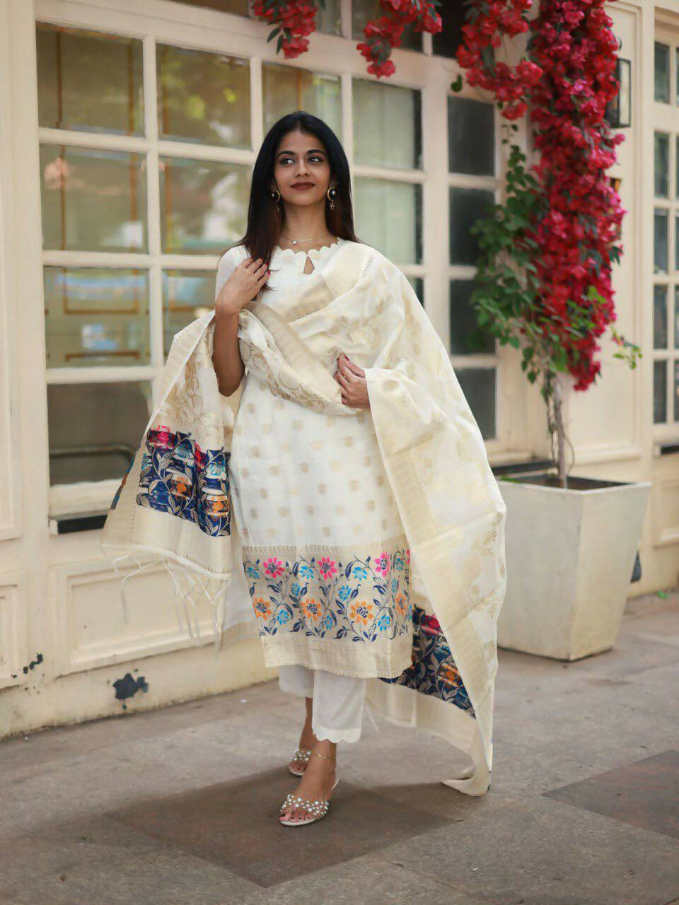 The52 White Women's Beautiful Viscose Jacquard Fabric Printed Work Straight Kurta Pant and Dupatta Set