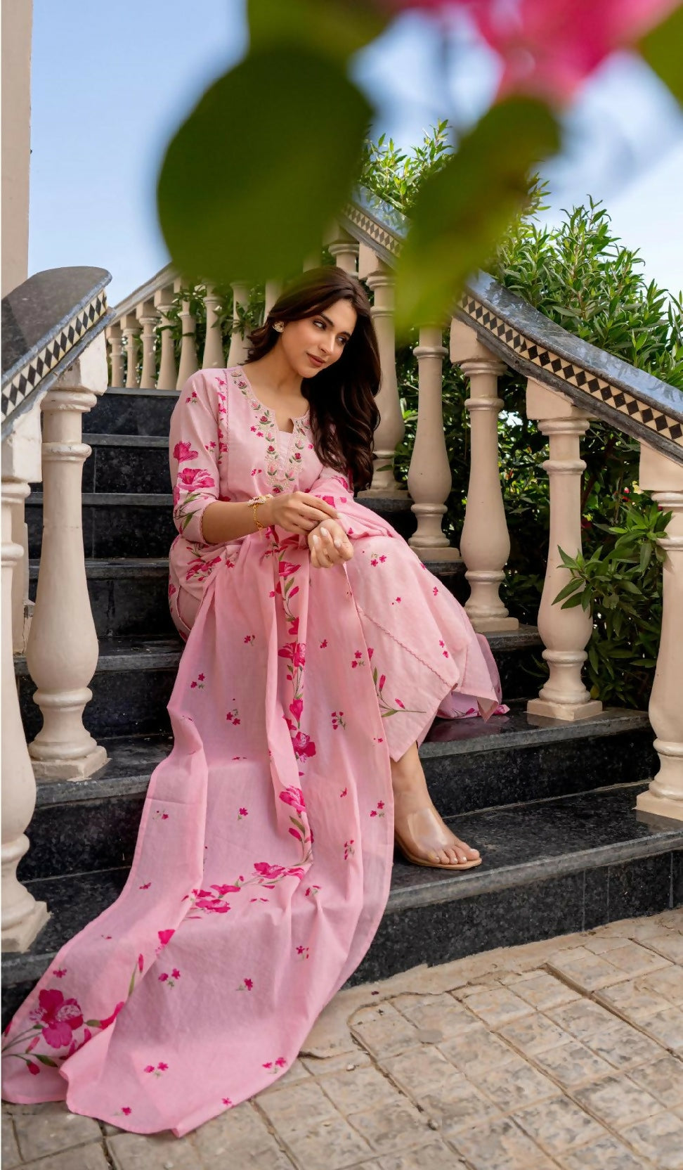 The52 Pink Women's Beautiful Chanderi Fabric Printed Work Straight Kurta Pant and Dupatta Set