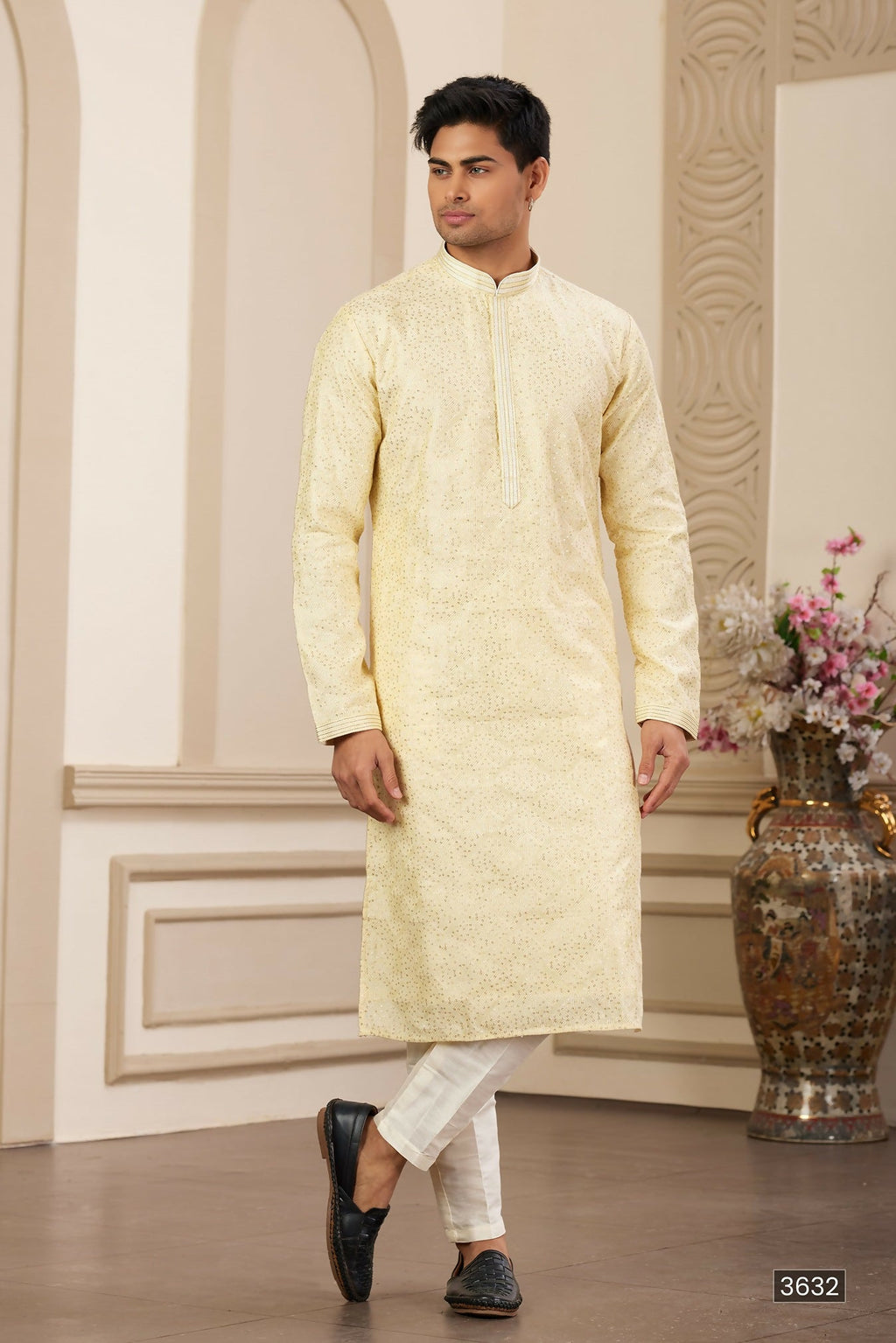 Raivat Ethnic Men's Art Silk Thread Work Kurta Pyjama In Yellow Colour