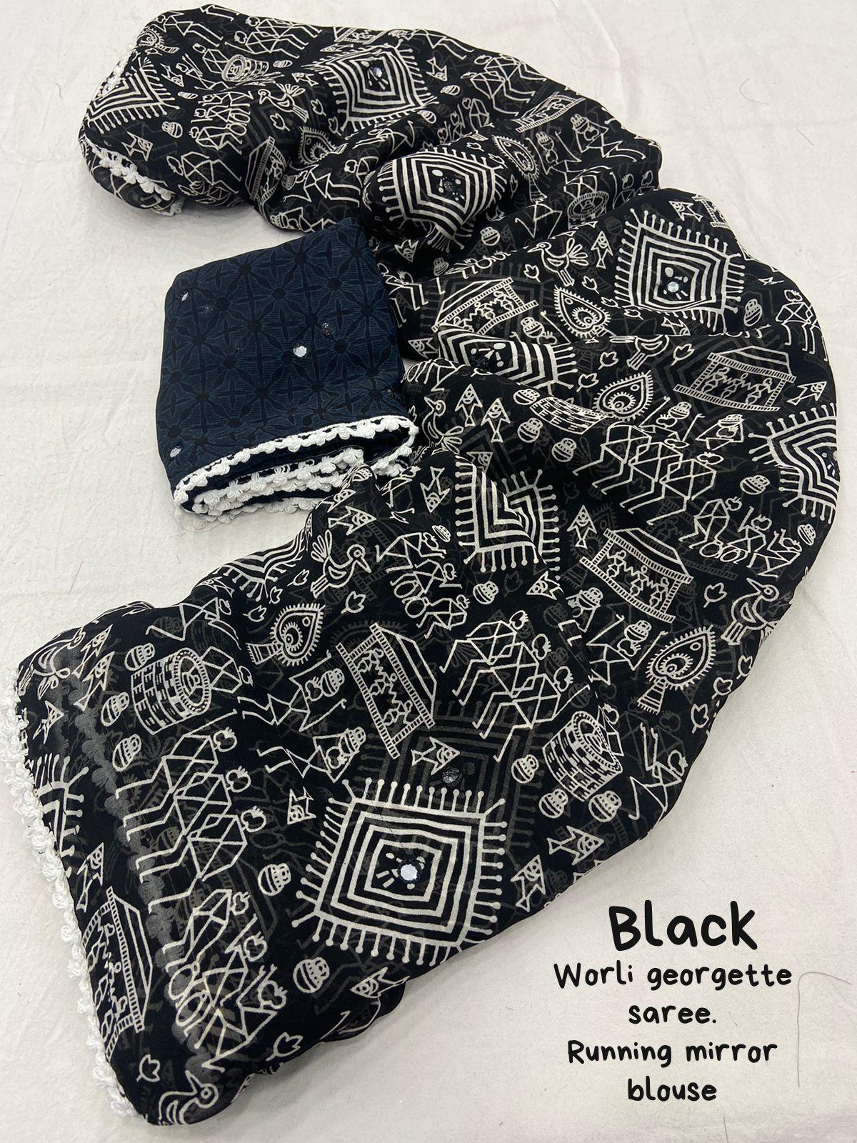 Black Poly Georgette Ethnic Motifs Saree with Unstitched Blouse - Hiral Fashion