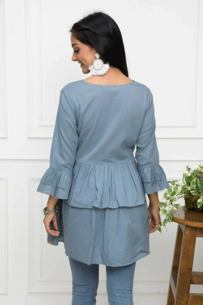 Myshka Women Grey Solid Round Neck Flared Sleeves Pure Cotton Top