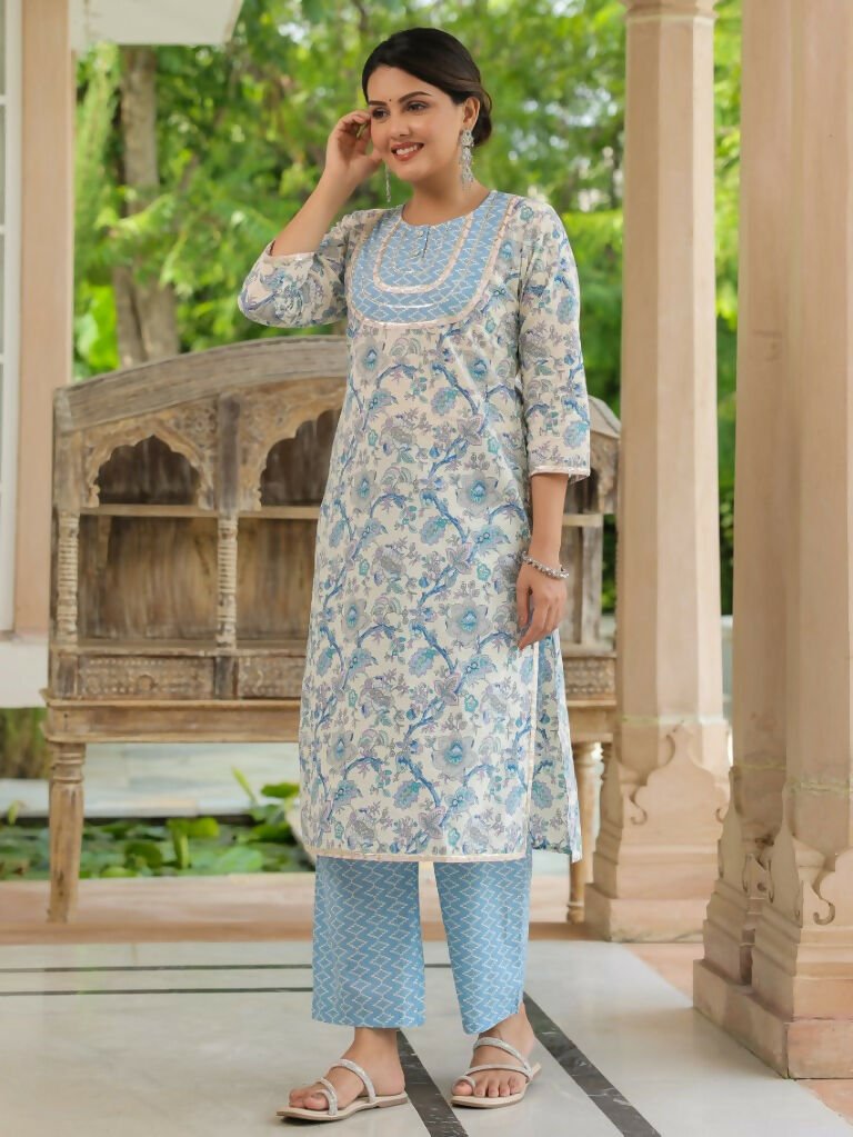 Aramya Straight Soft Cotton Floral Print Women's Kurta - Blue