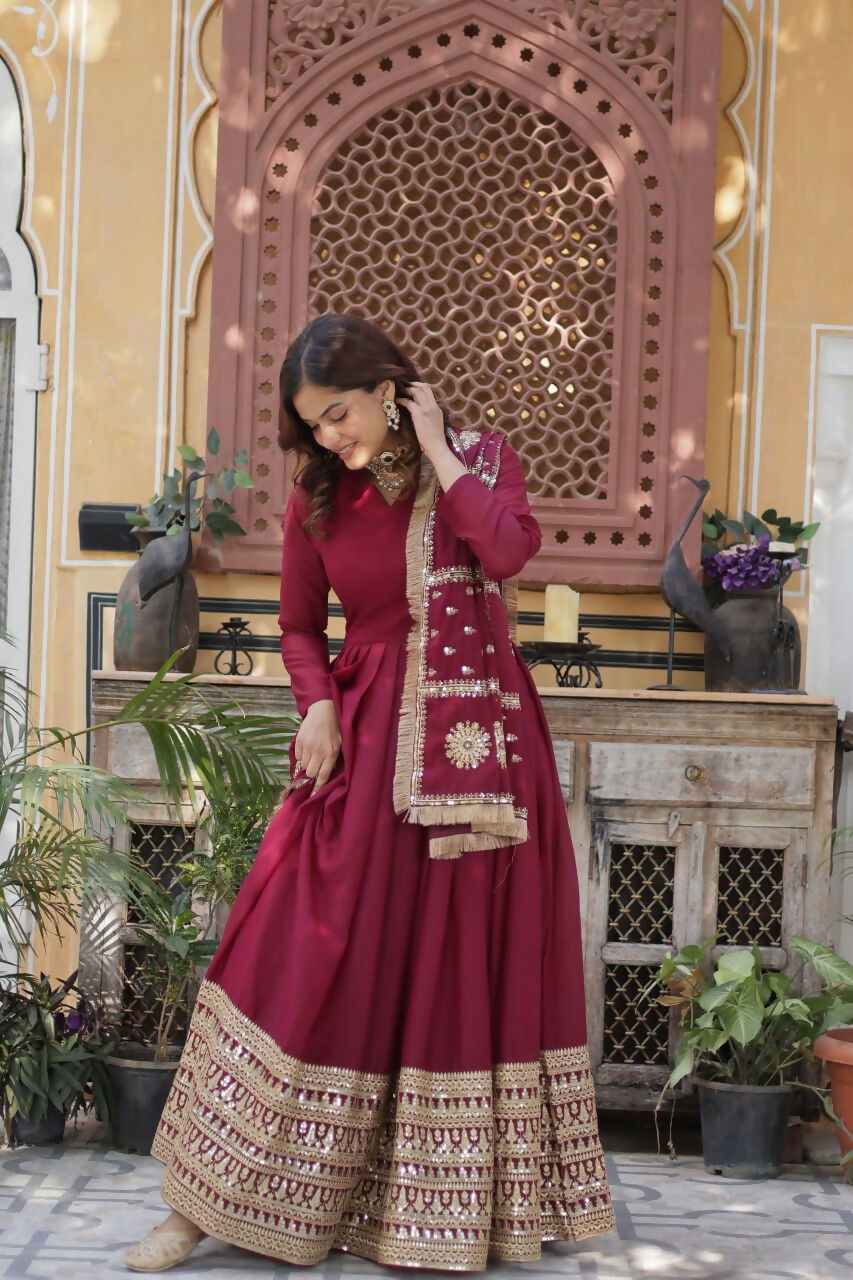 Vastranavya Star Georgette with Embroidery Zari Sequins-work Gown & Dupatta - Maroon