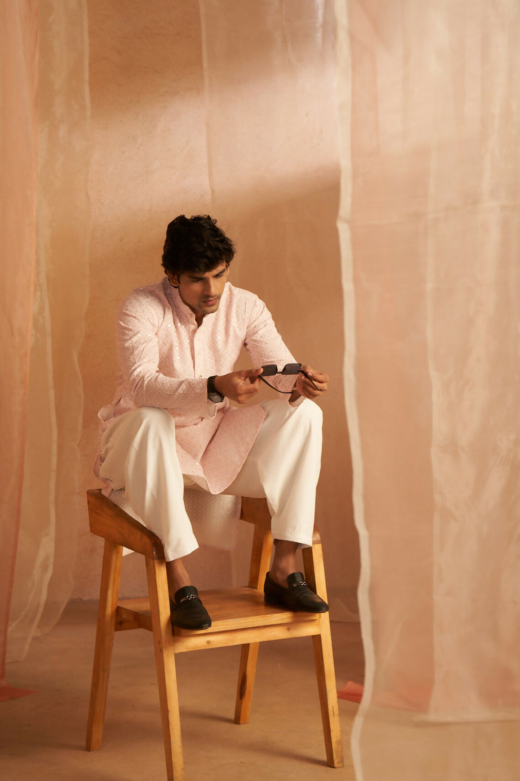 Pink Viscose Chikankari Embroidery Work Men's Kurta Set - Mahotsav