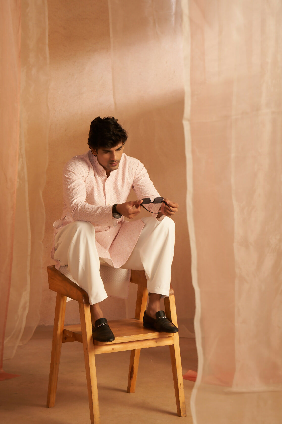 Pink Viscose Chikankari Embroidery Work Men's Kurta Set - Mahotsav