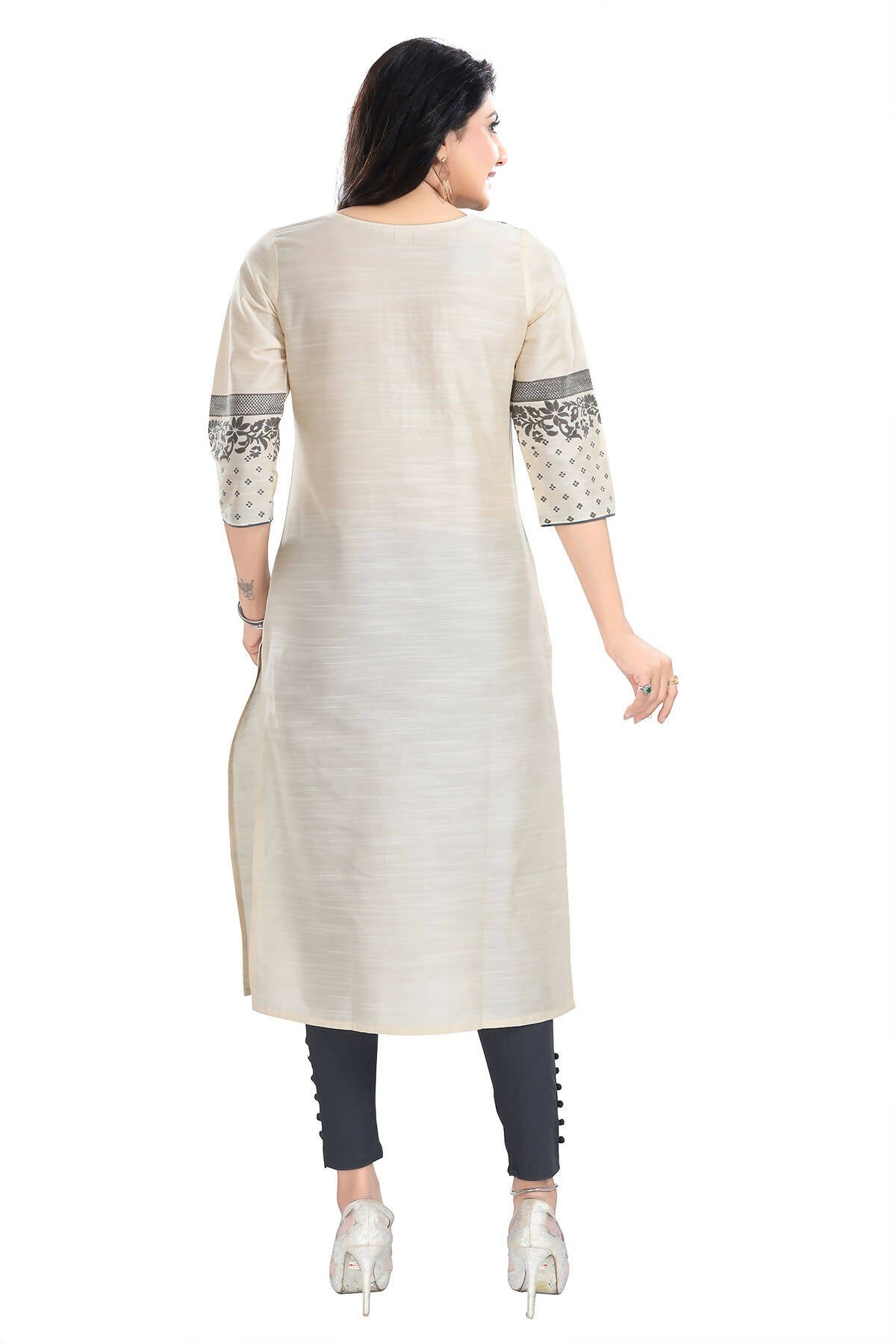 Snehal Creations Cream Raw Silk Block Print Long Kurta For Women