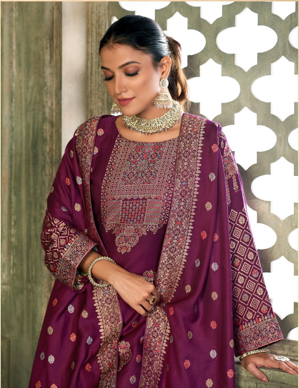 Purple Viscose Pasmina Mina Work Kurta & Bottom with Dupatta - Paridhi