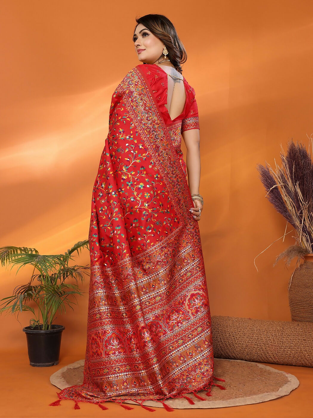 Joban Fashion Red Meena Weaves Pashmina Sarees