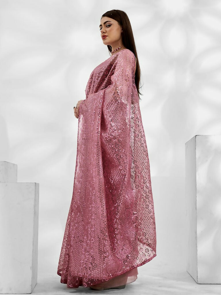 Pink Net Organza Sequance,Thread Embroidery Work Saree with Unstitched Blouse - Vandini