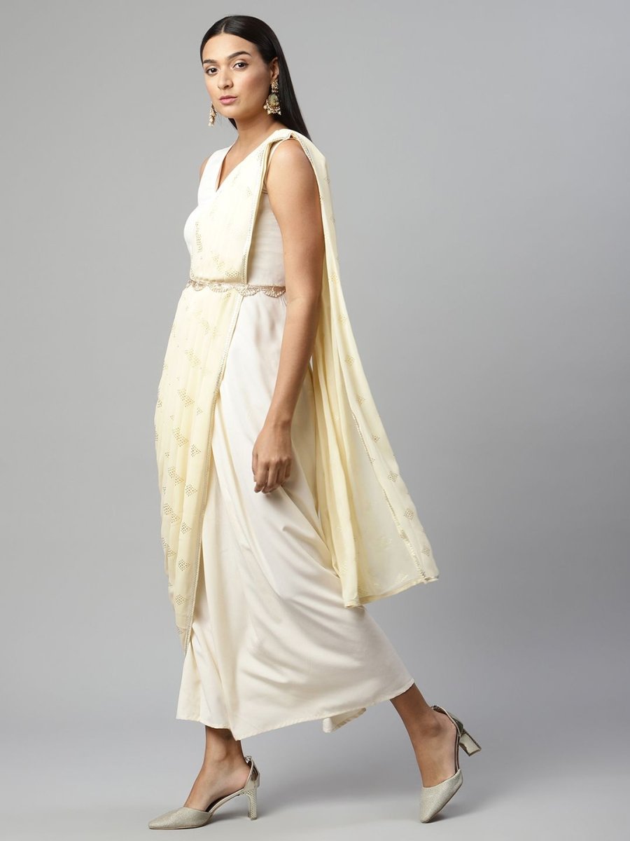 Ahalyaa Women Off White Crepe Georgette Saree Dress With Printed Pallu