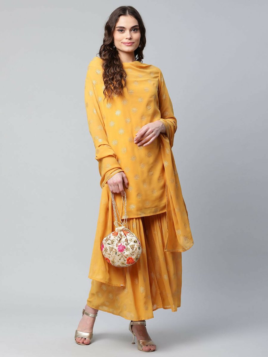 Ahalyaa Womens Mustard Georgette Gold Foil Printed Kurta Sharara Set With Dupatta