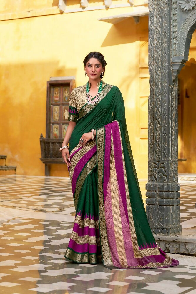 PR Fashion Green Poly Cotton Printed With Zari Weaving Work Saree