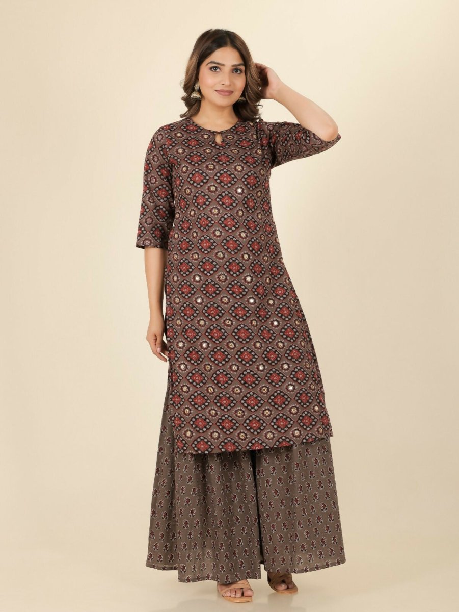 Aramya Brown Soft Cotton Geometric Print Straight Kurta Sharara Set for Women