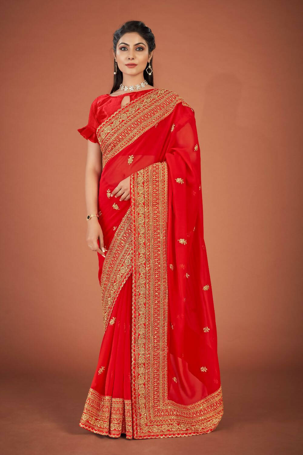 Vamsee Red Organza Saree