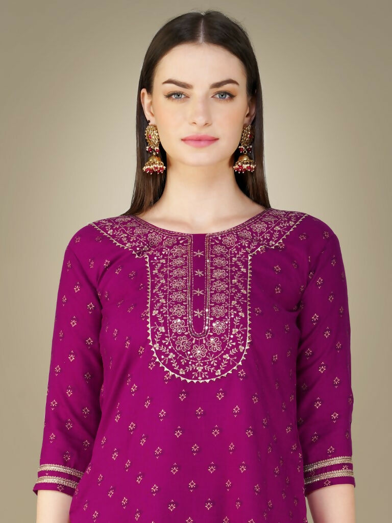 Jyoti Fashion Women's Purple Cotton Magic Slub Embroidery & Sequence work Kurta with Trouser & Dupatta