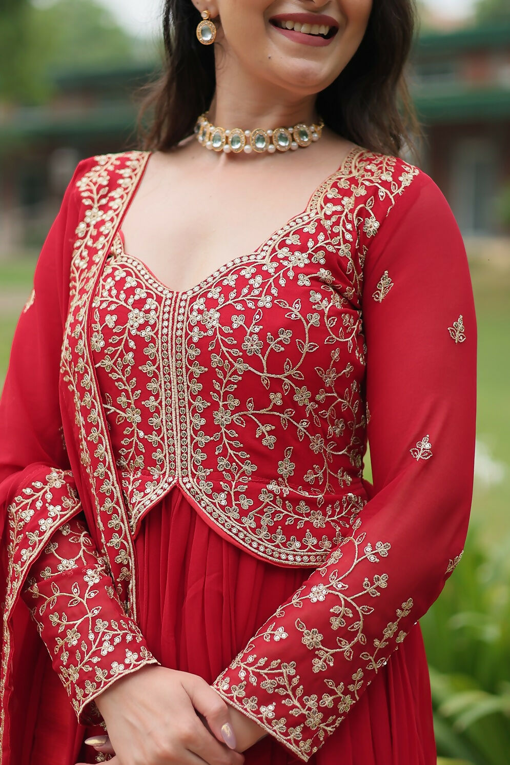 Joban Fashion Red Georgette Sequence Embroidery Work Kurta Set
