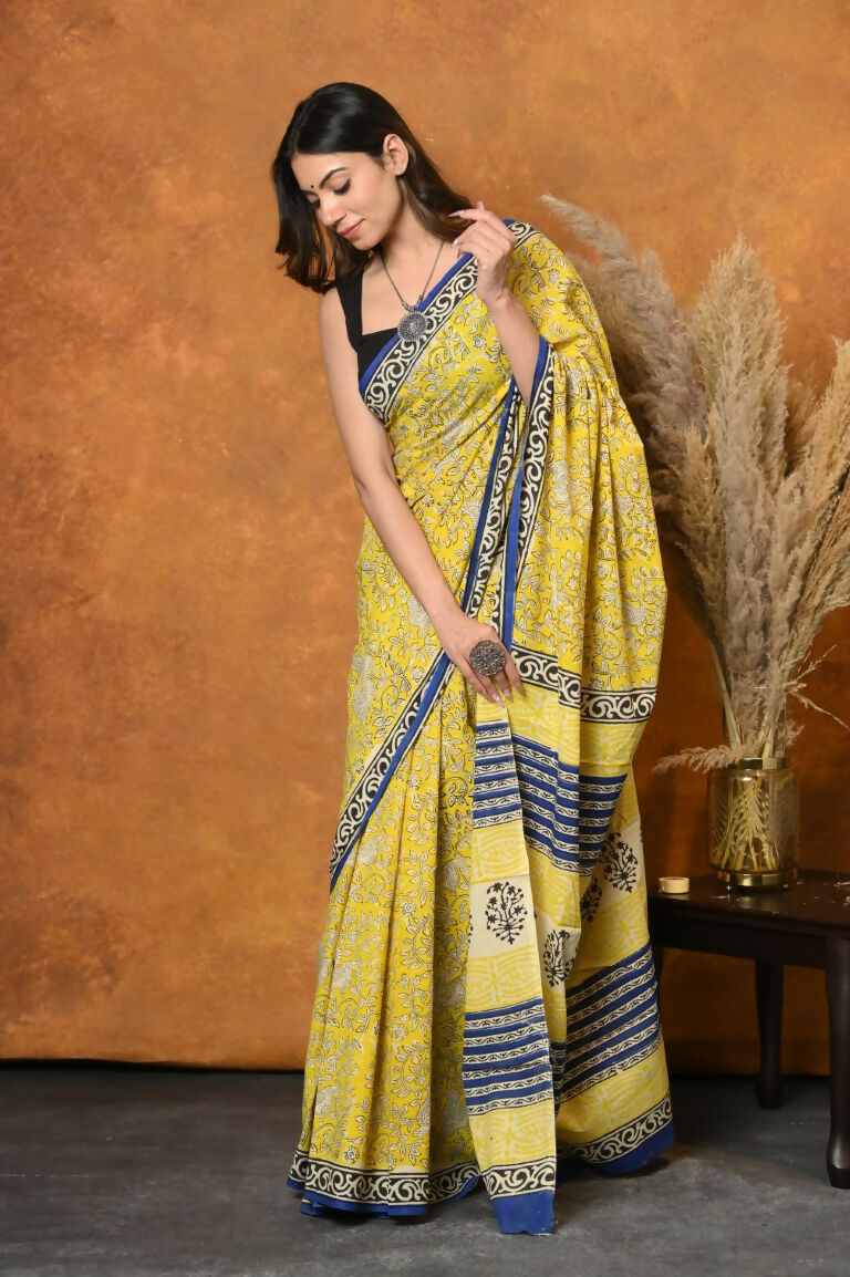 Very Much Indian Handblock Printed Cotton Saree With Natural Dyes - Green