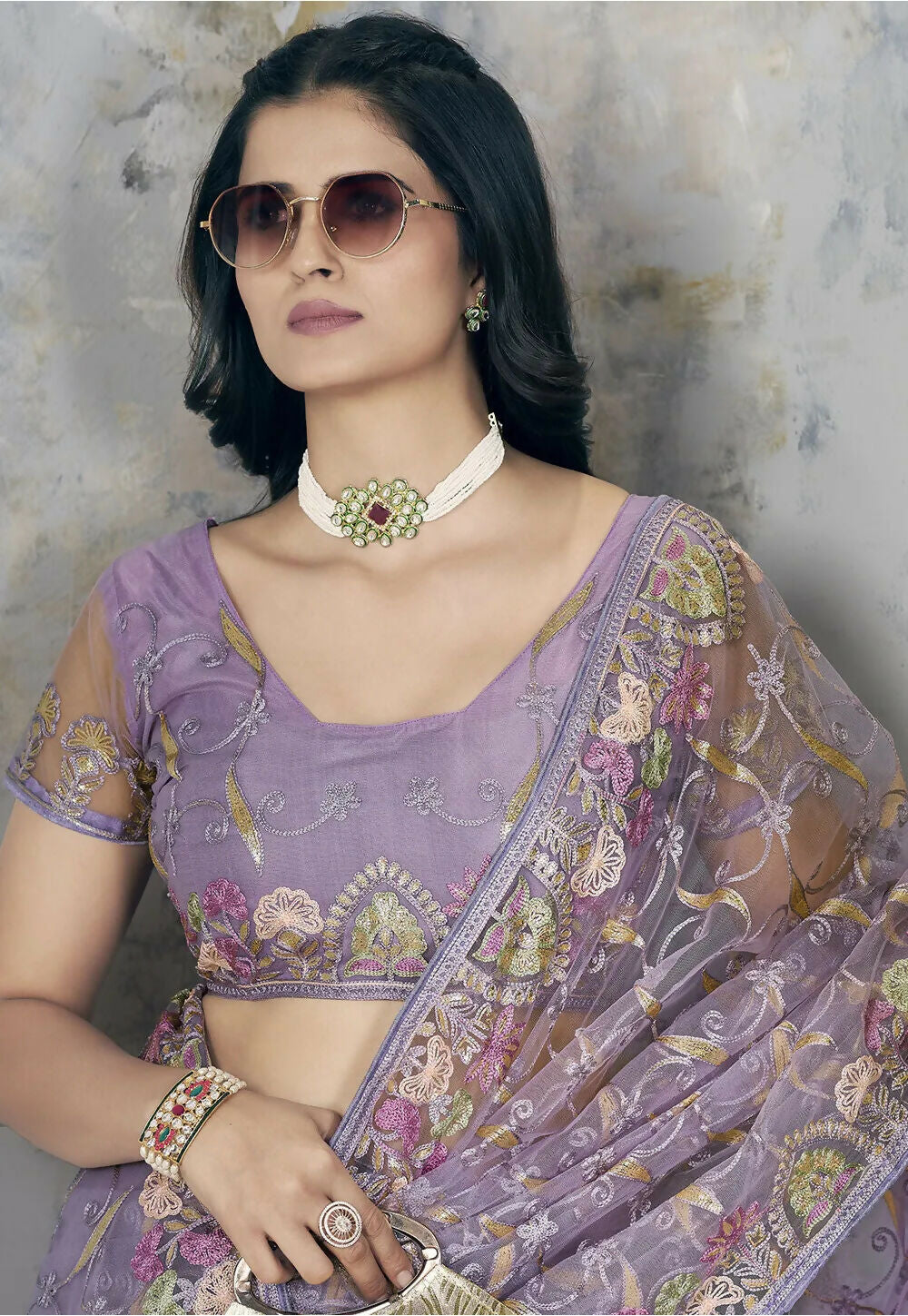 Vastranavya Soft Crush Georgette With Embroidery and Foil Multi Thread Work Saree - Lavender