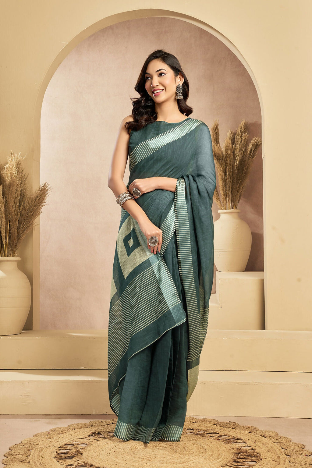 Vastranavya Morpeach Digital Printed Linen Ready To Wear Pocket Saree with Unstitched Blouse