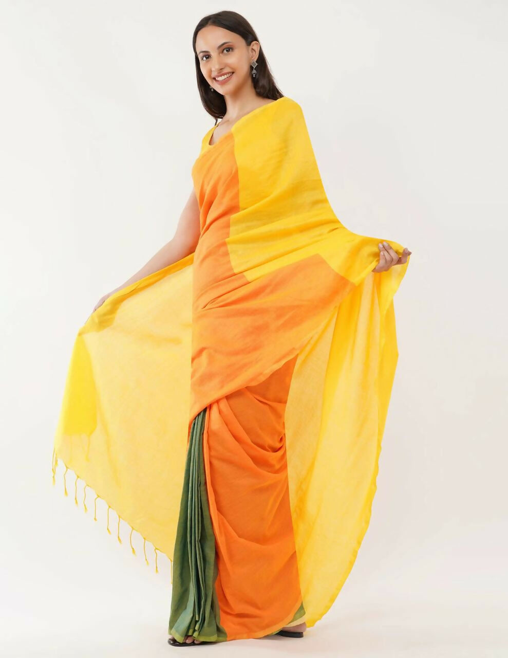 Exclusive Collection Beautiful Khadi Cotton Yellow Orange Green Handloom Saree