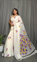 Exclusive Collection Beautiful White Purple Pure Cotton Hand Print Handloom Saree With Running Blouse Piece