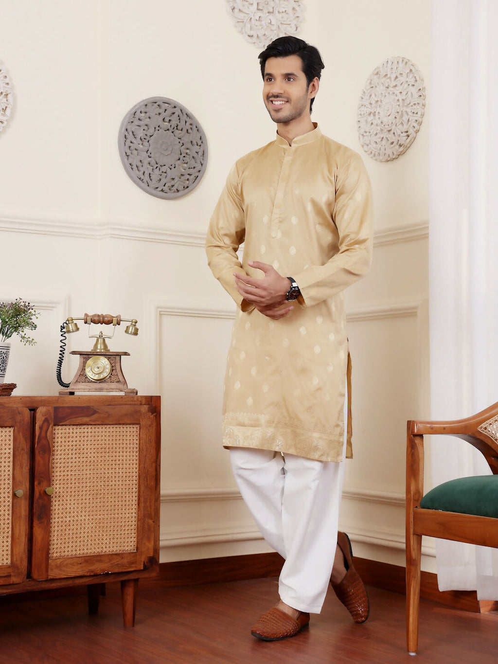 Beige Viscose Woven Jacquard Work Men's Rajwadi Kurta Set - Mahotsav