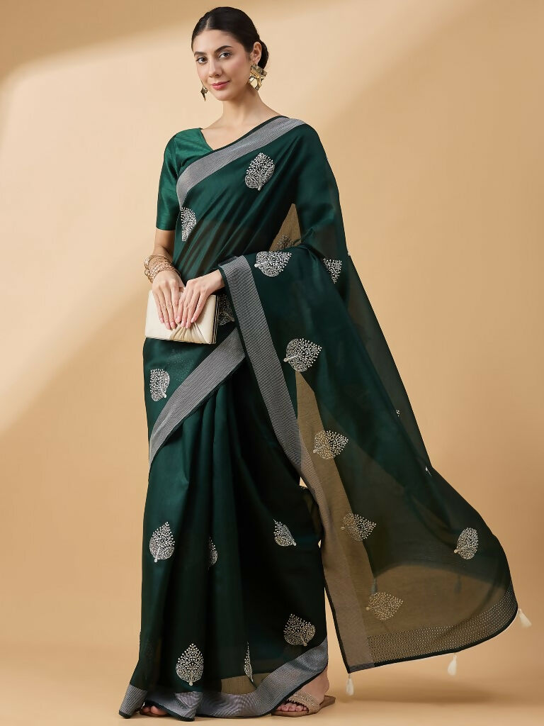 Green Cotton Blend Thread Embroidered Saree with Unstitched Blouse - Satya